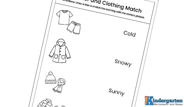 In this weather clothing matching worksheet, kids will look at different clothes and identify which clothes are worn in each type of weather. They will draw a line to match the correct clothes with the correct weather name. This activity helps children understand weather-appropriate clothing in a fun and easy way. 