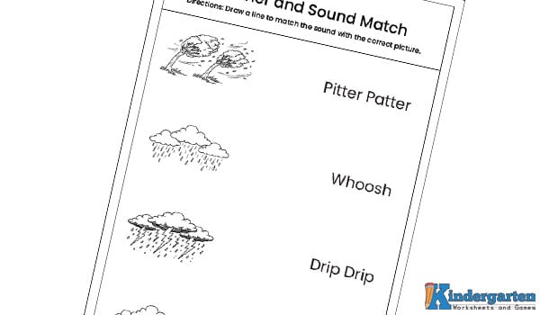 In this worksheet, kids will see pictures of different types of weather along with their sound names. They will identify each weather picture, think about the sound it makes, and draw a line to connect the correct picture with the correct sound name. This activity helps children understand weather sounds.