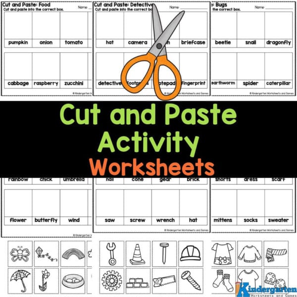 Engage your kindergarteners in a fun cut and paste activity to enhance their spelling and vocabulary skills with themes like seasons, space, pirates, bugs, camping, and more, using downloadable printables for an enjoyable learning experience!