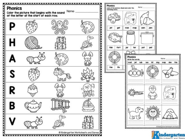 phonics pages for kindergarten This activity comes in black and white only to save on printing costs. There are twelve pages in this printable pack which contain the following activities:
Color the picture that begins with the sound at the start of the row - four pages of this activity
Circle the letter that each picture starts with - two pages of this activity
Write the correct vowel to complete the words - two pages of this activity
Read and color the matching word - two pages of this activity
Write the words - two pages of this activityÂ