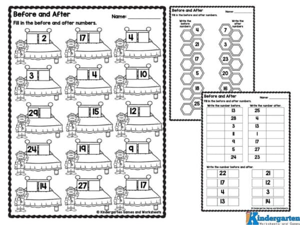after and before worksheet There are a total of ten pages of activities with answers included.. The before and after number pages in this worksheet pack include:
Write the numbers that come before and after in the honeycomb
Write the numbers that come before and after in the boxes
Write the numbers that come before and after in the moons
Write the numbers that come before and after in the stars
Write the numbers that come before and after in the pillows
Answers included