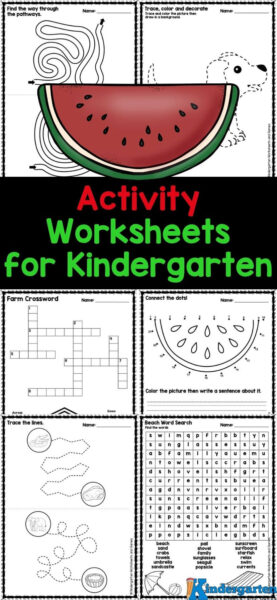 Kids will love these activity worksheets for kindergarten! This pack of activities for kindergarten worksheets include trace the lines, mazes, dot to dots, crossword puzzles, tracing pictures, word searches, and more! Simply download the pack of free printable activity sheet for kg and you are ready for some fun!