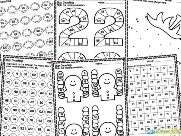 counting by 2's worksheets The skip counting pages in this worksheet pack include:
Color the boxes and fill in the missing numbers
Fill in the missing numbers in the shoe prints
Fill in the missing numbers in the shells
Count by 2's dabbing or coloring the numbers as you go
Count by 2's, starting at 50, dabbing or coloring the numbers as you go
Fill in the missing numbers