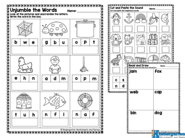 beginning sound kindergarten worksheets This activity comes in black and white only. There are ten pages in this printable pack which contain the following activities:
Dot, the write the beginning sound of each word
Look at the picture and unscramble the letters. Write the word
Write the CVC words and color the pictures
Read the word and then draw a picture
Cut and paste the beginning sounds